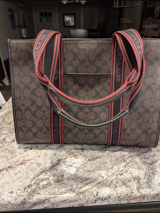 Coach Signature Canvas Large Tote in Brown with Maroon-Trim Straps - Picture 2 of 12